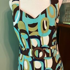 VTG David Meister Geometric Linen Dress Sz 6 - Sleeveless, Belted, Lined, MCM